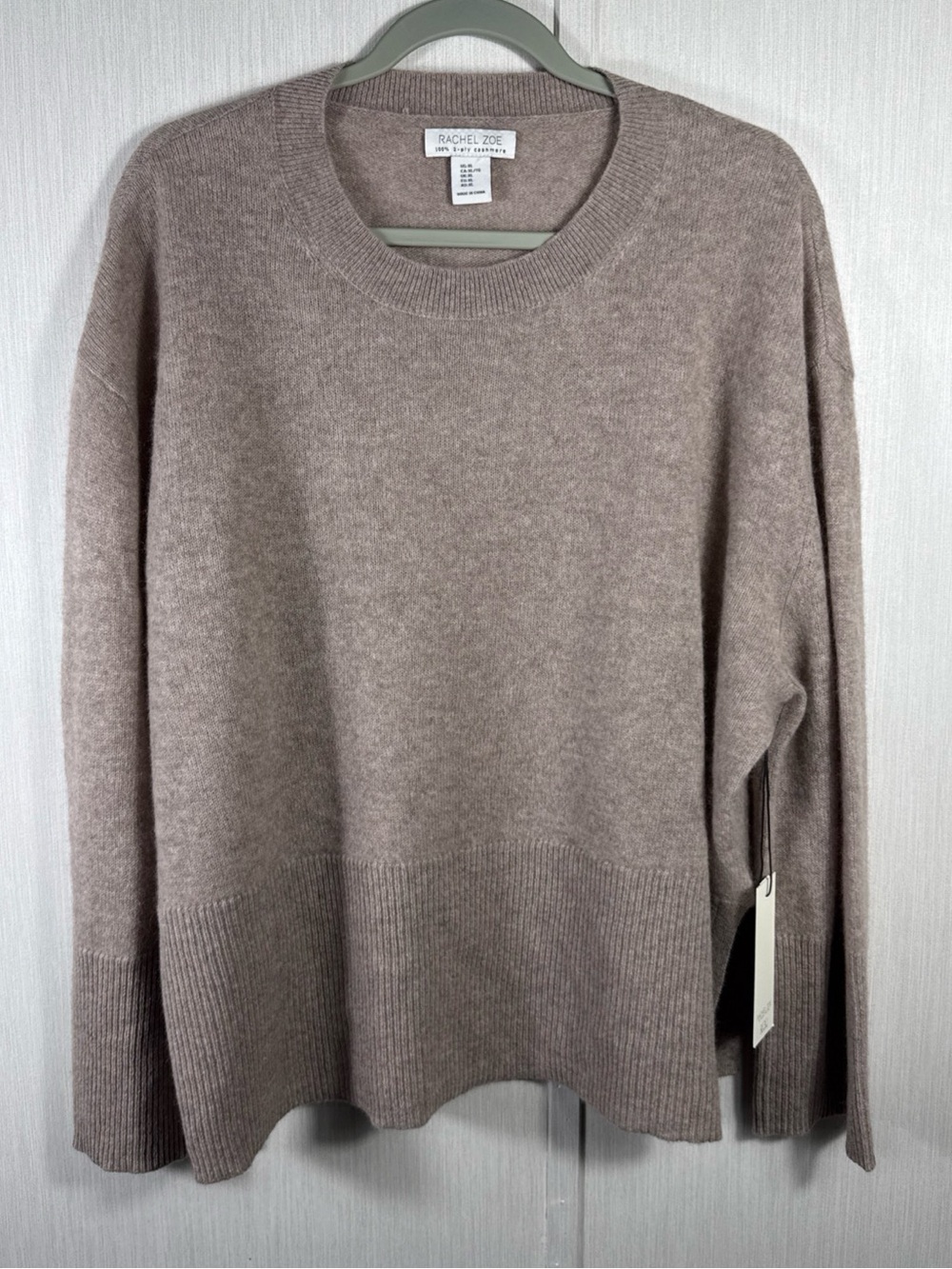 $165 Rachel Zoe XL Women's 100% Cashmere Crewneck Sweater Tan High-Low Hem